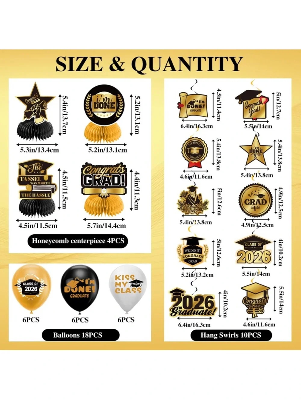 Congrats Grad 2026 Party Decorations - Black & Gold Graduation Banner Set